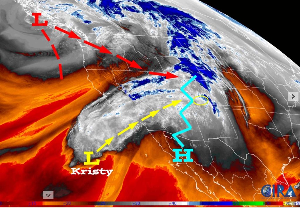 Winter weather headed our way… 1 Satellite Sunday afternoon – The “dirty ridge”- jagged blue line - is on our doorstep and will move to our east later Sunday evening. Behind the ridge, upper-level southwest flow will increase. Tuesday’s winter storm is currently off the BC coast. The moisture remnants of Kristy will be fed into Tuesday’s storm.
