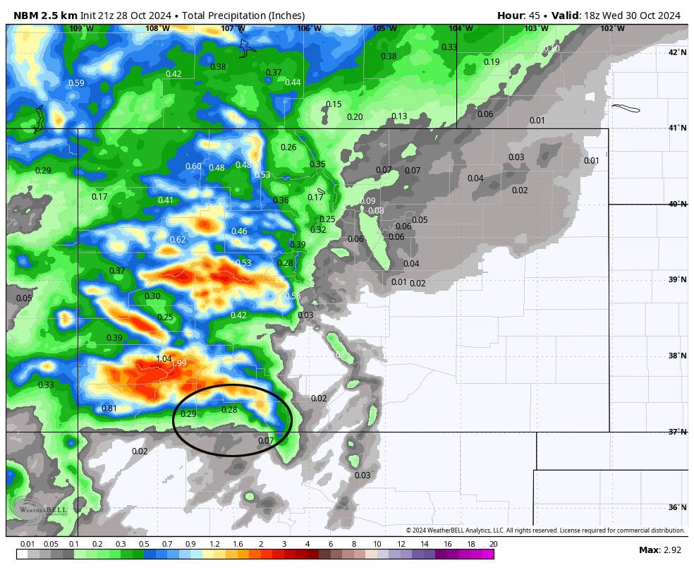 Big changes in the next 24 hours… 3 NBM precip to noon on Wednesday shows 0.28” near Pagosa, 0.07” near Chama, and up to 1.40” near Wolf Creek.