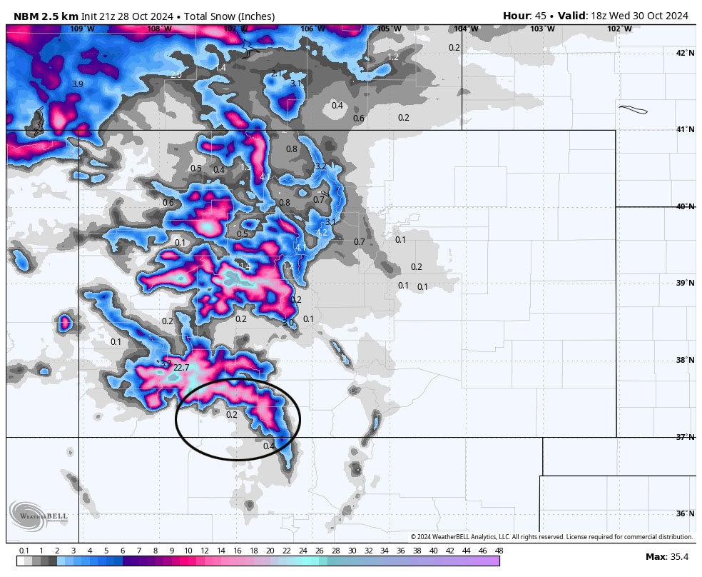 Big changes in the next 24 hours… 4 NBM snow to noon on Wednesday shows 0.20” near Pagosa, up to 1” over the higher parts of the valley, and 10-15” near Wolf Creek.