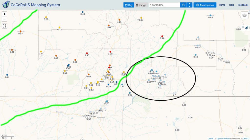 Scattered snowshowers tomorrow morning – next week looks interesting… 1 CoCoRaHS 24-hour precip totals from Monday morning to Tuesday morning across Archuleta County range from zero to 0.10”. Note the impressive totals to our west.