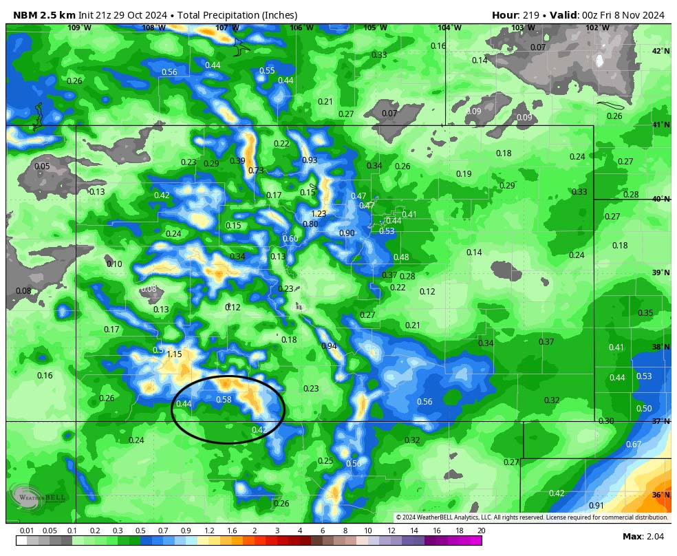 Scattered snowshowers tomorrow morning – next week looks interesting… 5 NBM precip to next Thursday evening shows 0.58” for Pagosa, 0.42” for Chama, and up to 1.5” in our mountains. Precip will fall in waves during this period.