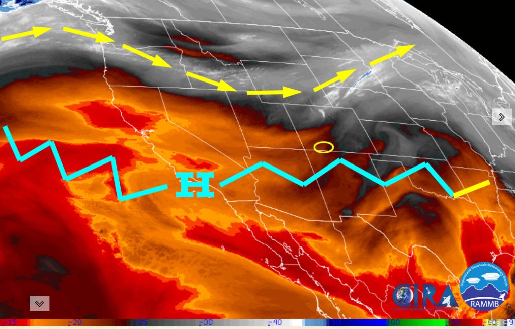 The 8-14 day period looks a little more active… 1 Satellite Thursday morning – The blocking high and ridge are keeping the American Southwest dry and warm. The storm track is well to our north.