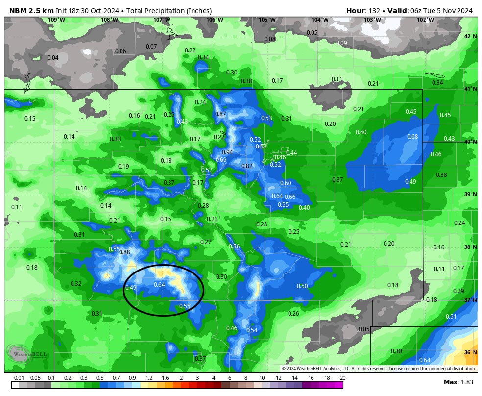 NBM precip to late Monday evening shows 0.64” near Pagosa, 0.55” near Chama, and up to 1.5” in our mountains.