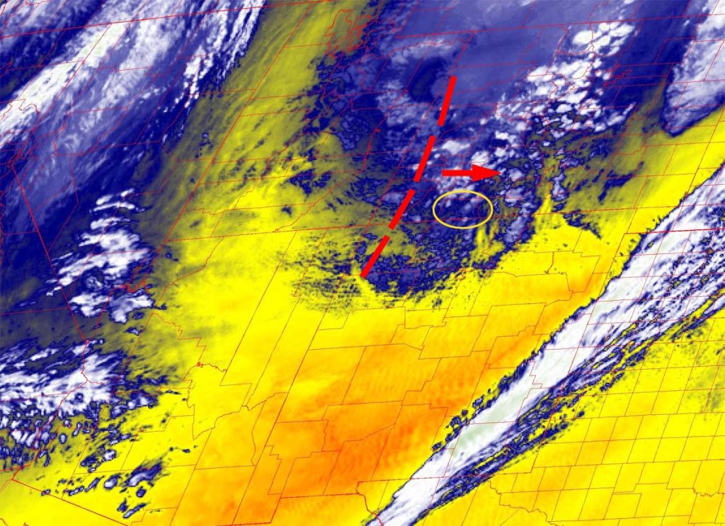 Satellite Wednesday afternoon – The trough is on our doorstep. It’s moving slowly east and weakening. Spotty showers will taper off this evening and then we’ll clear out.