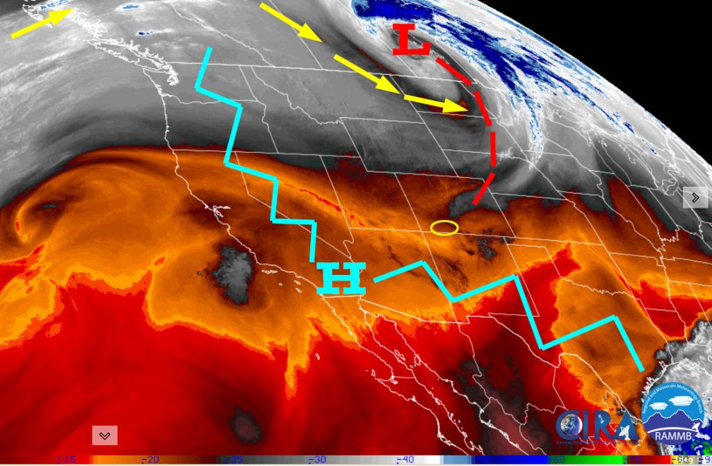 Tracking a potential system first part of next week… 1 Satellite Saturday afternoon – The blocking high and ridge are keeping the American Southwest dry and warm. The storm track is well to our north.