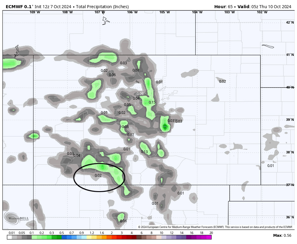 A raindrop or two possible… 2 Euro precip through Wednesday evening shows 0.02” near Pagosa and up to 0.25” in the mountains. Consider yourself lucky if you get a few raindrops.