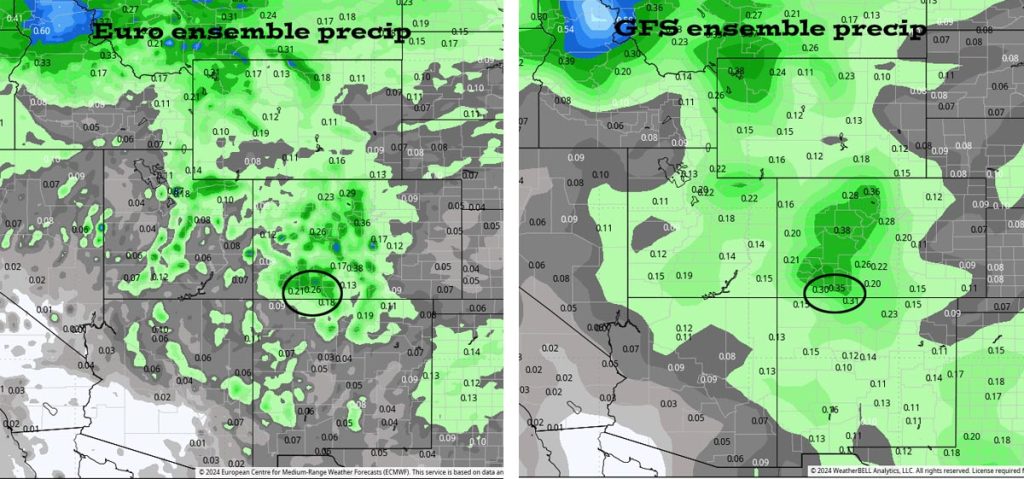 A raindrop or two possible… 3 Euro ensemble precip to 21 Oct at 6pm on the left expects 0.26” and GFS ensemble precip on the right expects 0.35”. The trend has been towards lower precip amounts.