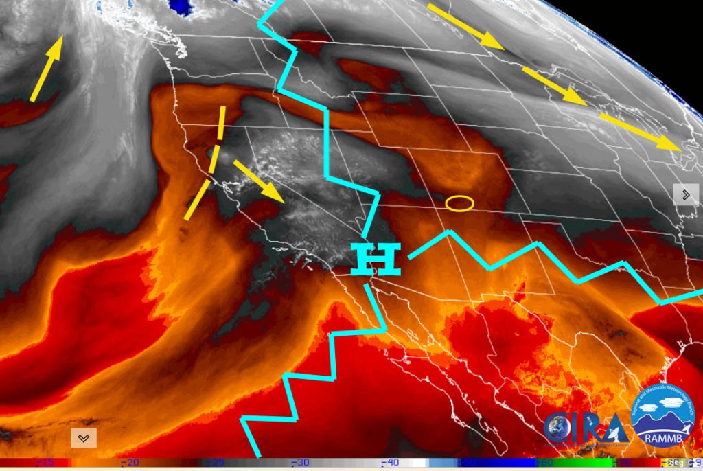 A raindrop or two possible… 1 Satellite Monday morning – The blocking high is keeping the storm track way to our north. The weak trough over northern CA will move through our area Tuesday and Wednesday but there won’t be much left of it.
