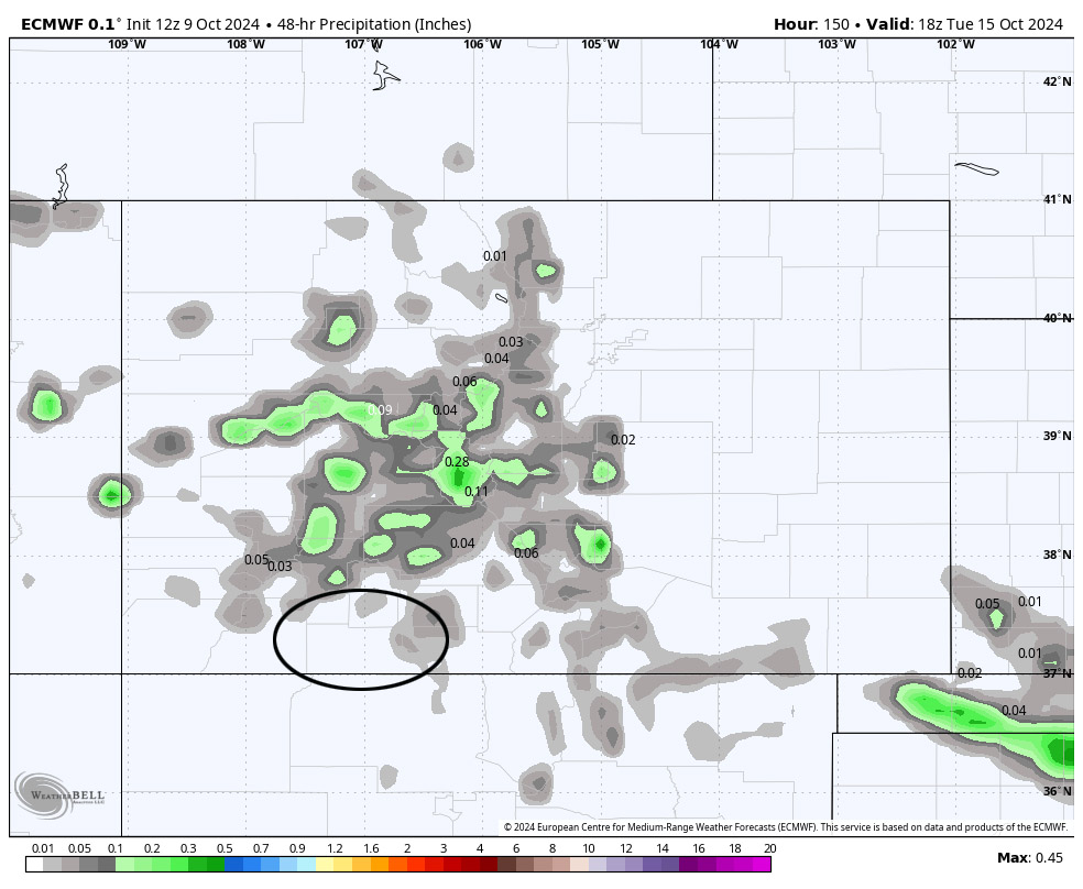Euro precip for Monday and Tuesday shows a few spotty raindrops over the mountains.