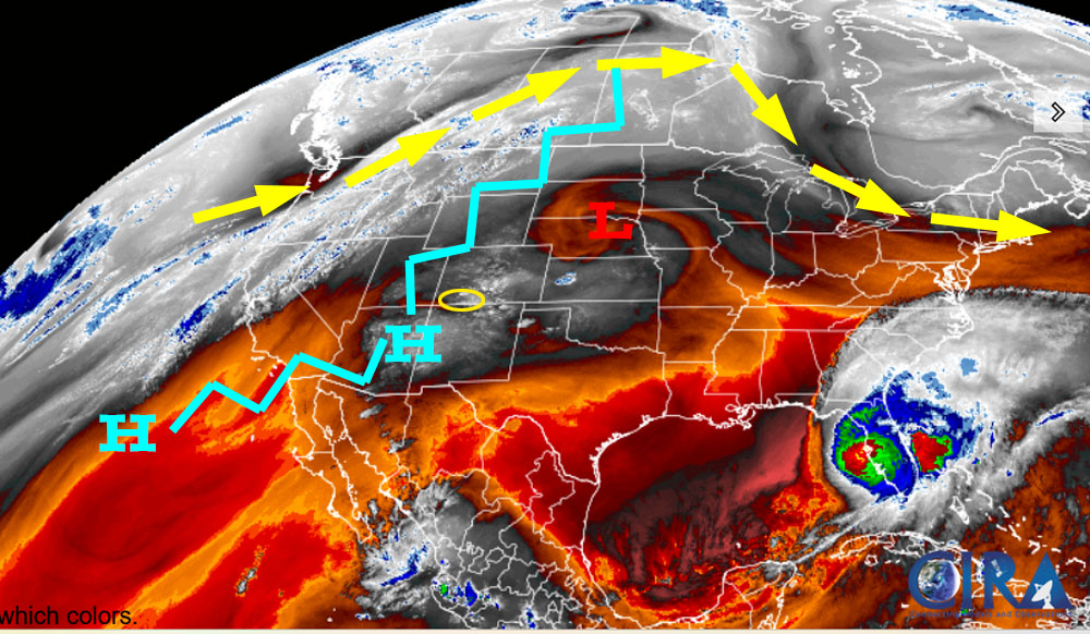 Satellite Wednesday evening – A weak trough has brought in a little more moisture and instability this afternoon.  Overall, the blocking high is still the main influence on our weather. The storm track is well to our north. All eyes are on Hurricane Milton tonight.