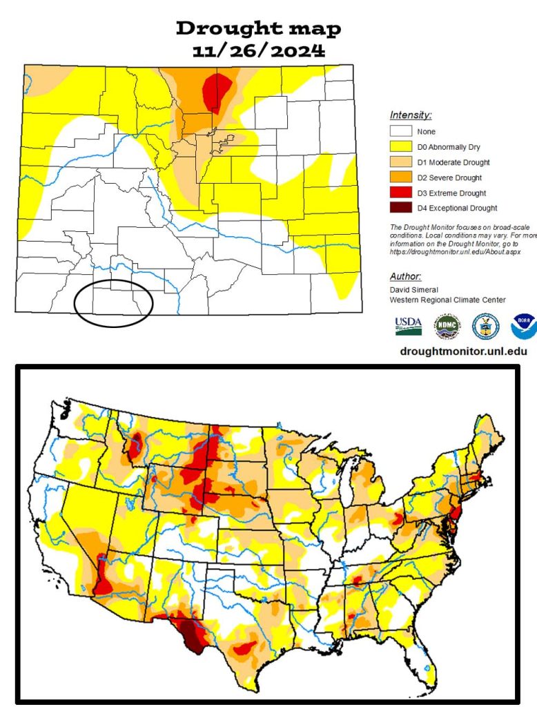 Colorado drought map on the top looks good for much of the state.
The US drought map on the bottom shows that much of the country is experiencing drought conditions.