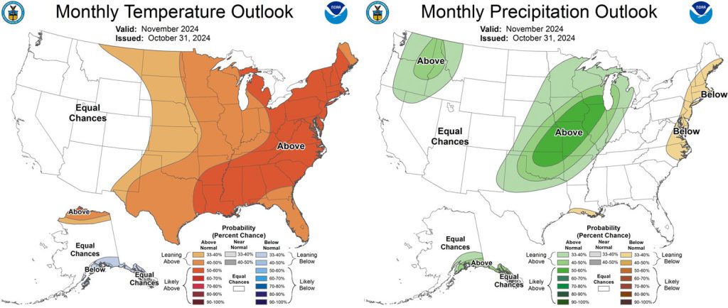 Pagosa Weather OCTOBER SUMMARY & November Outlook 10 The CPC temp outlook for November on the left shows an equal chance for average temps. The precip outlook on the right shows an equal chance for average precip.