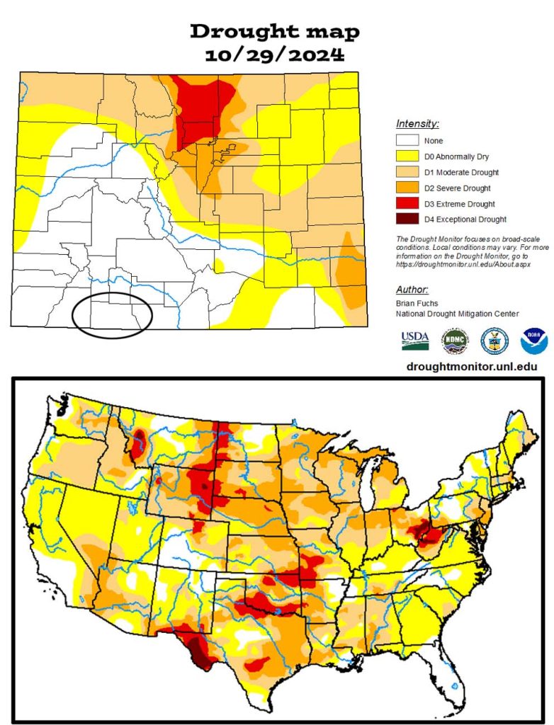 Pagosa Weather OCTOBER SUMMARY & November Outlook 9 Colorado drought map on the top still looks good for the southwest part of the state. The US drought map on the bottom shows that much of the country is experiencing drought conditions.