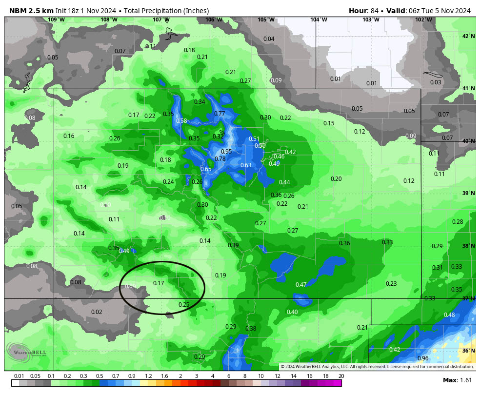 Two chances for snow next week… 2 NBM precip to late Monday evening shows 0.17” near Pagosa, 0.25” near Chama, and up to 0.50” in our mountains.