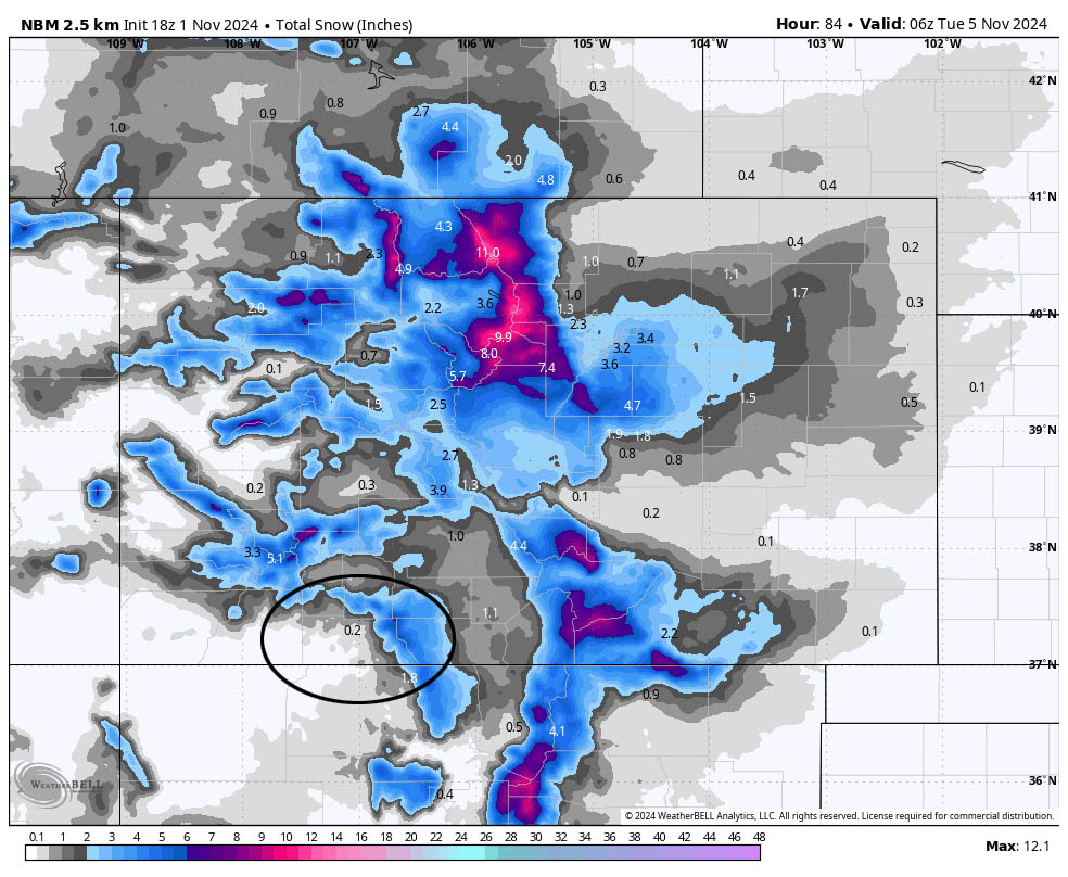 Two chances for snow next week… 3 NBM snow to late Monday evening shows 0.2” near Pagosa, 1.8” near Chama, and 4-6” near Wolf Creek. Precip amounts are trending down.