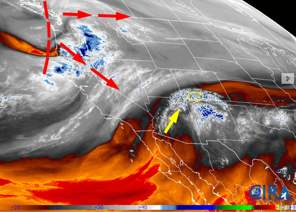 Two chances for snow next week… 1 Satellite Friday afternoon – Mid and high clouds are moving through our area from the southwest. The Sunday/Monday system is trying to get organized off the Pacific NW coast. The flow will split with some of the energy staying to our north and some headed our way. An upper-level low is expected to slide to our south on Monday.