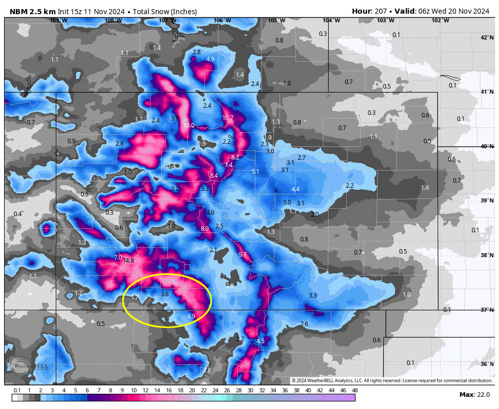 A few spotty snowflakes tomorrow – Nice weather Wednesday through Saturday… 3 NBM snow to 11pm next Tuesday shows 3.6” near Pagosa, 4.9” near Chama, and 10-16” near Wolf Creek. There are still a wide range of outcomes for this system. Snow amounts range from 2” for Canadian model to 18” for the Euro. The ingredients are trying to line up for a decent storm.