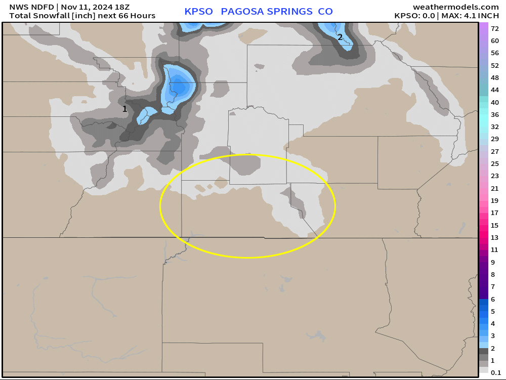 A few spotty snowflakes tomorrow – Nice weather Wednesday through Saturday… 2 NWS snow in the San Juan region shows a dusting along our mountains and up to 1" in our mountains. 2-4" is possible in the northwest San Juans.