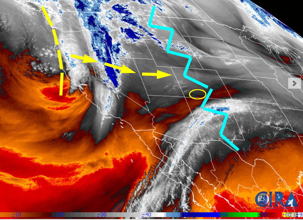 A few spotty snowflakes tomorrow – Nice weather Wednesday through Saturday… 1 Satellite Monday afternoon – The ridge, jagged blue line, is over our heads. There are few high cirrus clouds and lots of blue sky. Tomorrow we’ll catch the southern end of the trough that’s currently along the Pacific NW coast. There won’t be much moisture and storm energy so I don’t expect much precip.