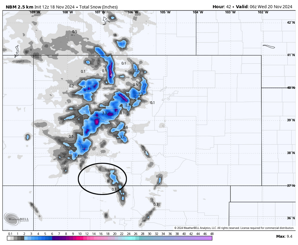 NBM snow to 11pm Tuesday shows a dusting along the mountains, and 1-2” near Wolf Creek.