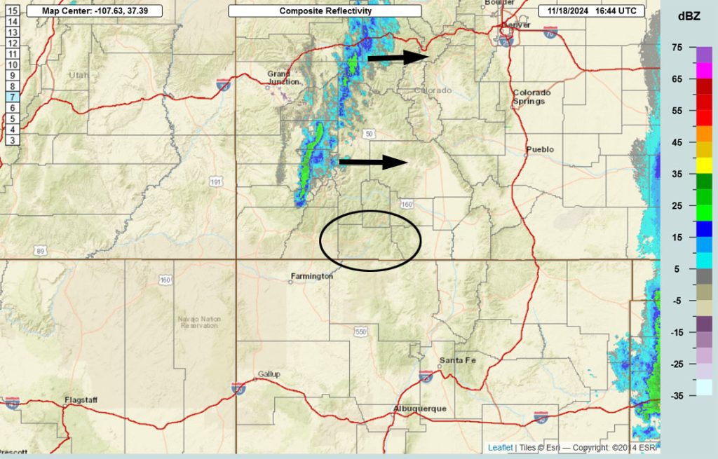 Radar at 9:44am Monday – A band of weak showers will miss us to the north.