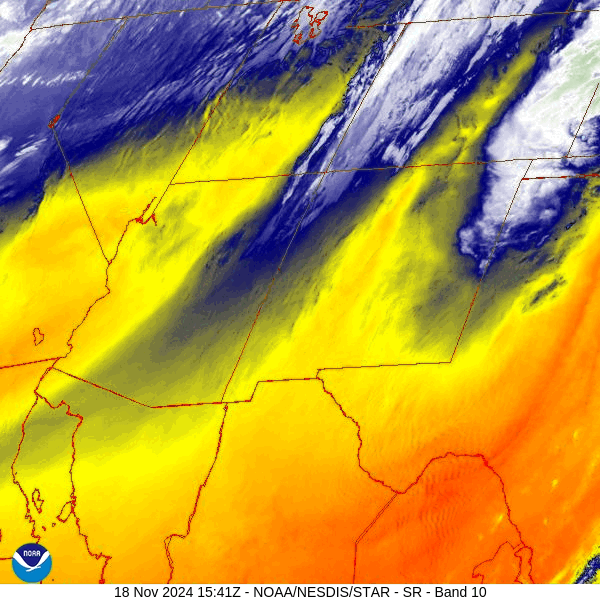 Satellite loop from roughly 8:30-9:30am Monday – Clouds are increasing ahead of a weak trough.  The trough will move through Tuesday afternoon and kick up a few weak snowshowers over the mountains.