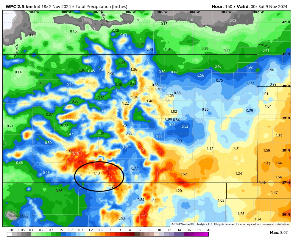 WPC precip to 5pm Friday shows 1.13” near Pagosa, 1.31” for Chama, and up to 2.50” in our mountains. There is still a wide range of forecast amounts from 0.77” for the GFS to 1.59” for the Euro. Most of the models are in the 0.90” to 1.25” range.