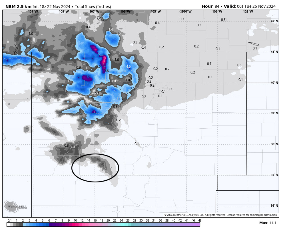 NBM snow to Monday at 11pm shows a dusting along the mountains, up to 2” near Wolf Creek. The northern mountains are favored for the first round.