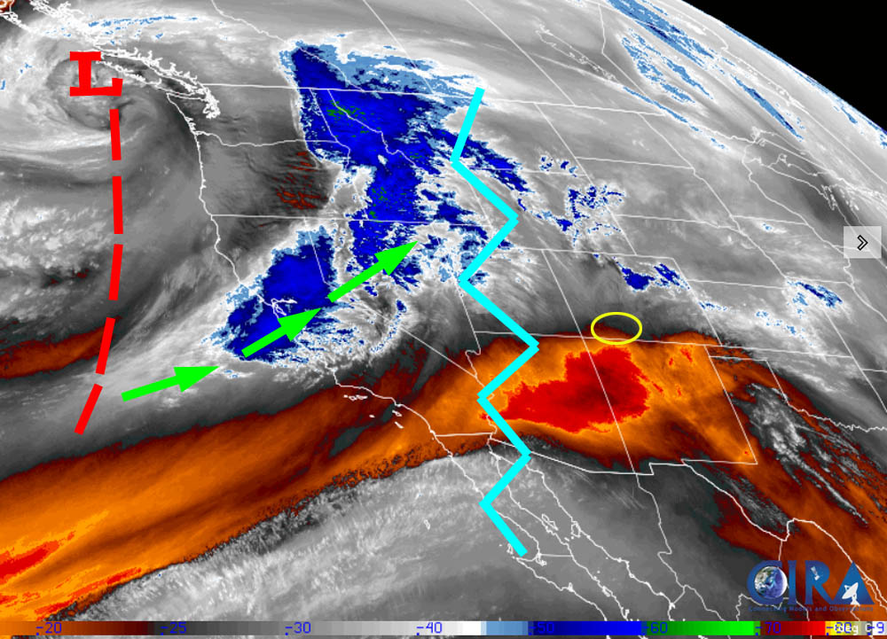Satellite Friday around noon – The ridge, jagged blue line, is to our west and giving us great weather. Lots of moisture is funneling into northern CA ahead of the trough, green arrows. That band of moisture will be over us Monday night through Wednesday afternoon.