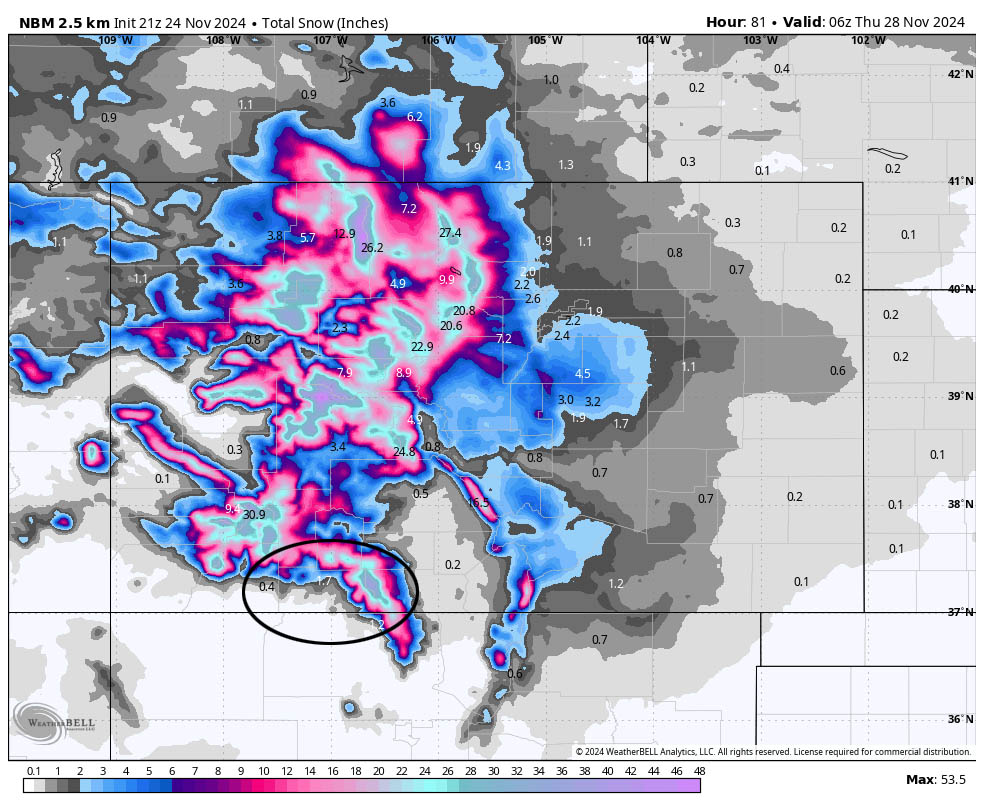 WINTER STORM WATCH for the mountains… 4 NBM snow to 11pm on Wednesday shows 1.7” near Pagosa, 1.2” near Chama, and 18-24” near Wolf Creek.