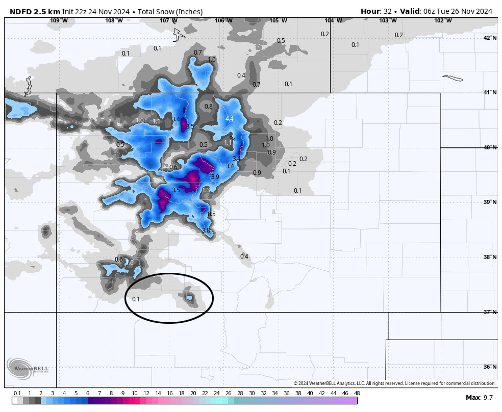 WINTER STORM WATCH for the mountains… 3 NWS snow forecast model to Monday at 11pm shows a dusting along the mountains, up to 2” in our mountains. The northern mountains are favored for the first round.