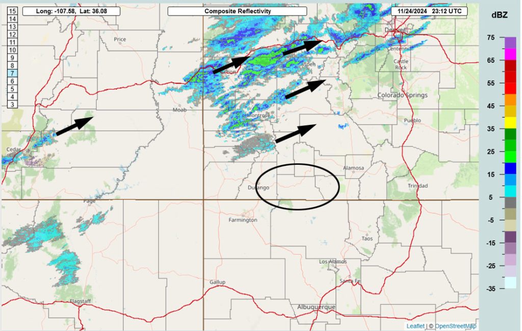 WINTER STORM WATCH for the mountains… 2 Radar at 4:12pm on Sunday – Bands of mostly light precip are moving through parts of northern CO.