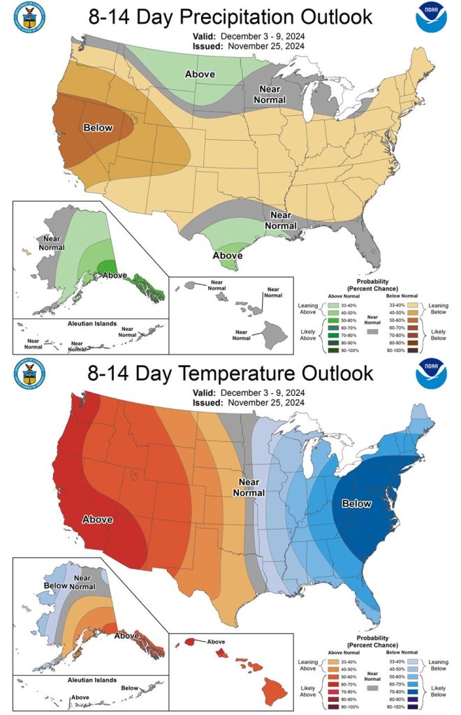 Heavy snow and avalanche danger in the mountains… 7 The CPC 8-14 day precip outlook on the top expects a 40-50% chance of below average precip. I think it’s closer to 75%. The temp outlook on the bottom expects a 50-60% chance of above average temps. I agree.