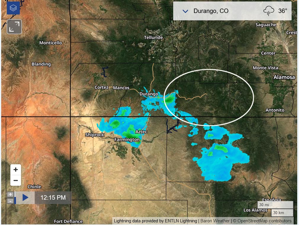 Heavy snow and avalanche danger in the mountains… 4 La Plata radar at 12:15pm Tuesday – Sadly the new radar is not very helpful to Archuleta County. The new radar fills a couple of data gaps to our south and southwest, but the HD Mountains block it from most of Archuleta County. We have repeatedly asked questions about things that could potentially make it more useful to us, but we haven’t gotten answers.