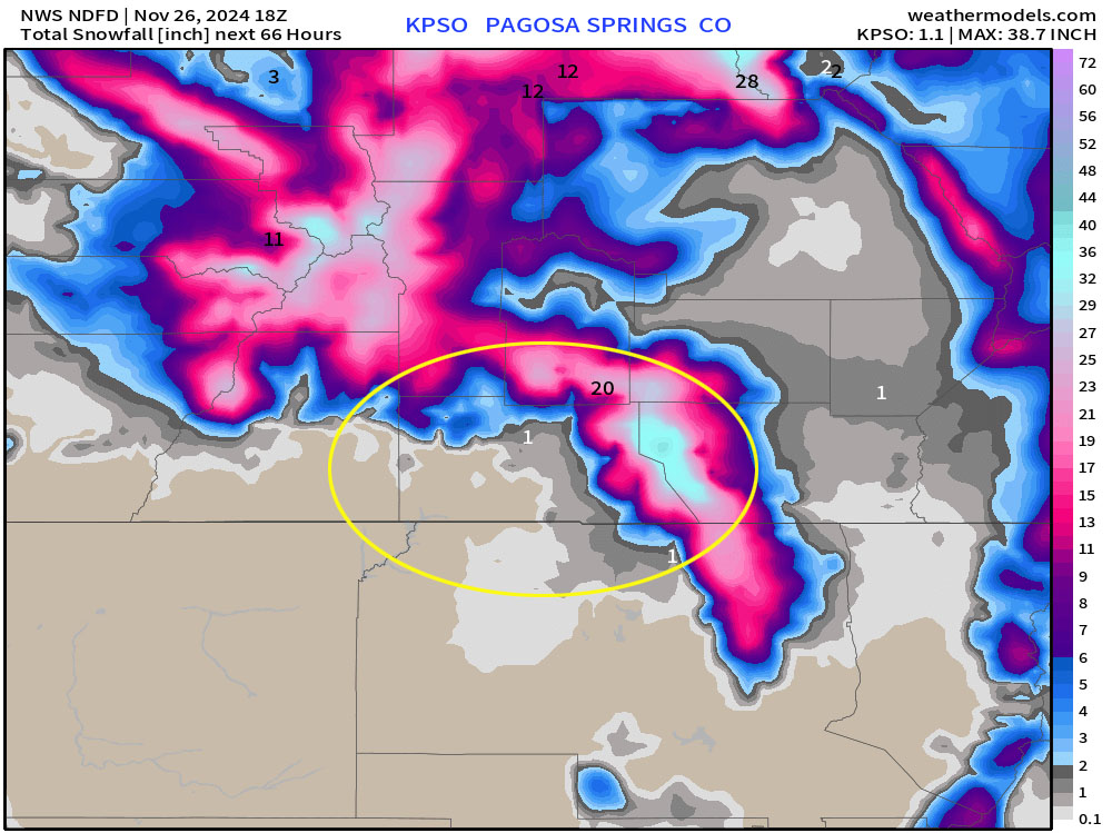 Heavy snow and avalanche danger in the mountains… 6 The NWS snow forecast model from noon Tuesday through the storm shows 1” near Pagosa, 1” near Chama, and 20” near Wolf Creek. This looks good to me for this period.
