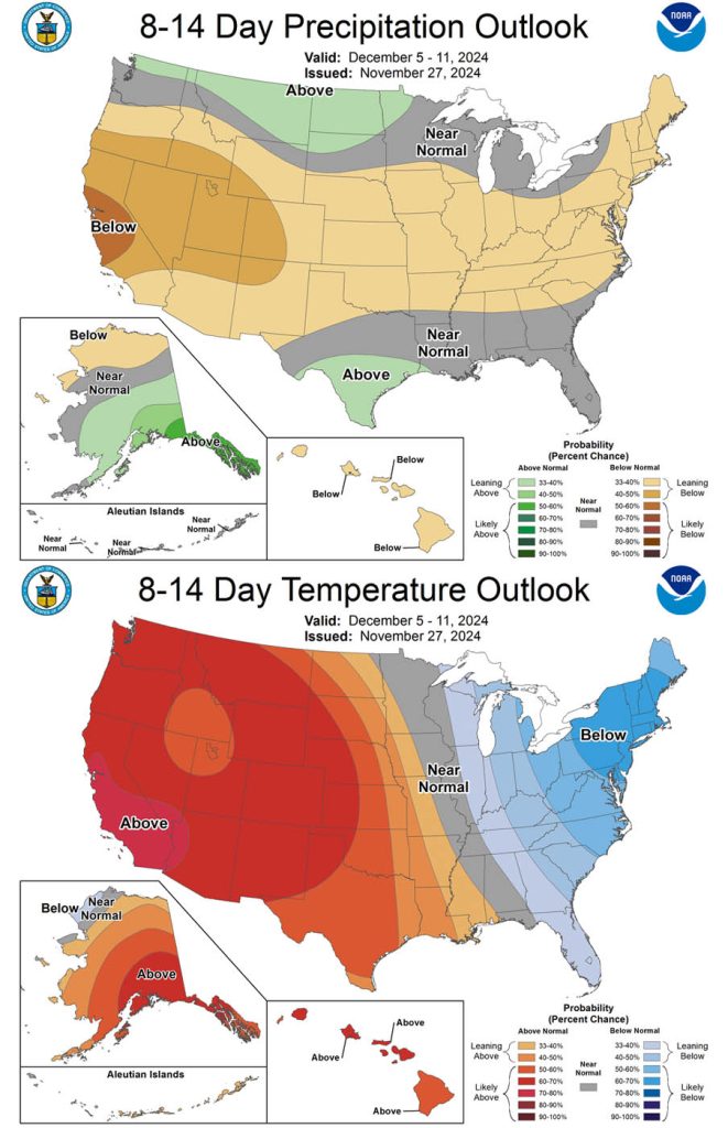 The CPC 8-14 day precip outlook on the top expects a 40-50% chance of below average precip. I think it’s closer to 75%. The temp outlook on the bottom expects a 60-70% chance of above average temps.  I agree.