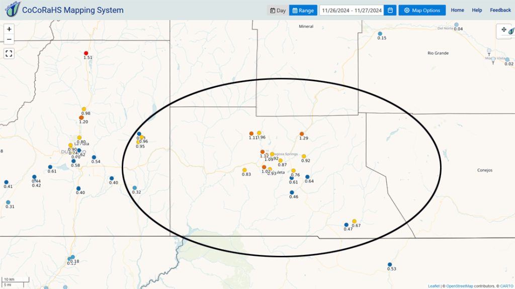 CoCoRaHS 2-day storm total precip ranged from 0.46” to 1.29”. The rain lottery winner was Debbie in the San Juan River Village. The northern half of the county got over 0.75”.
