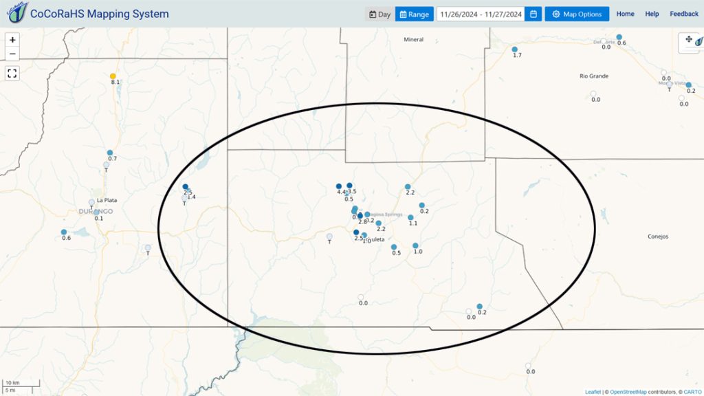 CoCoRaHS 2-day storm total snow ranged from zero to 4.4”. Arleen is snow lottery winner just north of Turkey Springs.