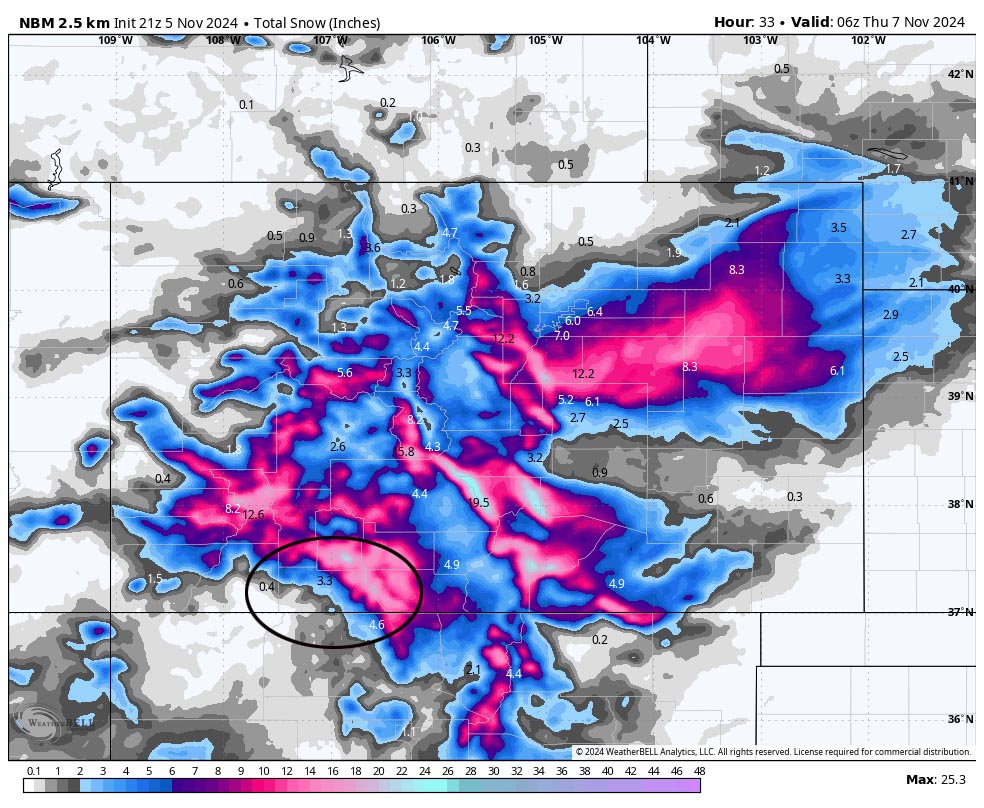 Main event Tuesday night to Wednesday afternoon… 5 NBM snow to 11pm Wednesday shows 3.3” near Pagosa, 4.6” near Chama, and 10-18” in our mountains. This looks good to me.
