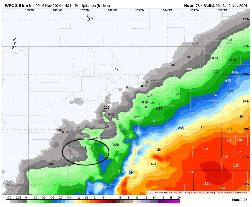 Main event Tuesday night to Wednesday afternoon… 6 WPC precip for Thursday and Friday shows 0.06” near Pagosa, 0.33” for Chama, and 0.25” to 0.50” in our mountains. This would result in around a half inch of snow near Pagosa, 2-3” for Chama, and 3-6” in our mountains.