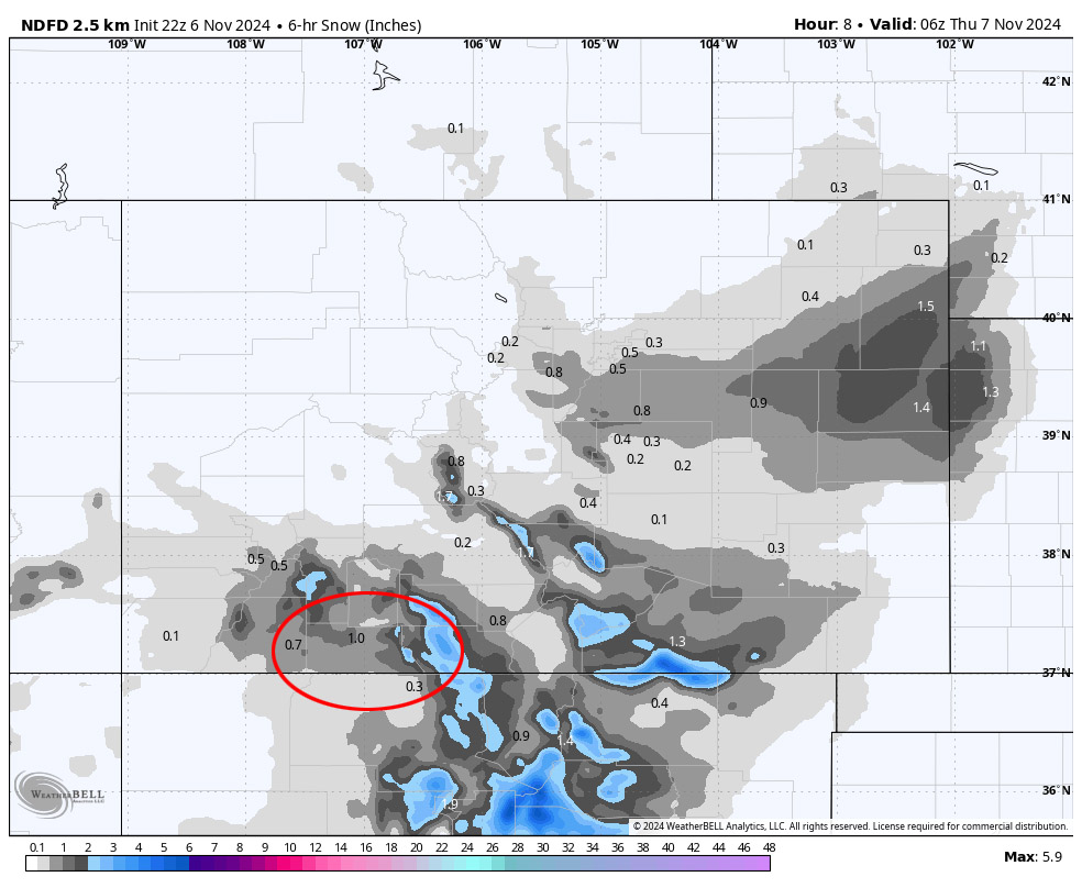 NBM snow to 11pm Wednesday shows 1” near Pagosa, 0.3” near Chama, and 2-5” in our mountains.