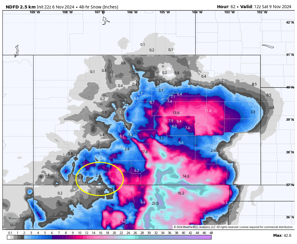 NWS snowfall for Thursday and Friday shows 2.3” near Pagosa, 3.6” for Chama, 5-10” near Wolf Creek, and 10-18” in the south San Juans. 
Southeast CO and northeast NM are going to get hammered. Expect road closures along parts of I-25.
