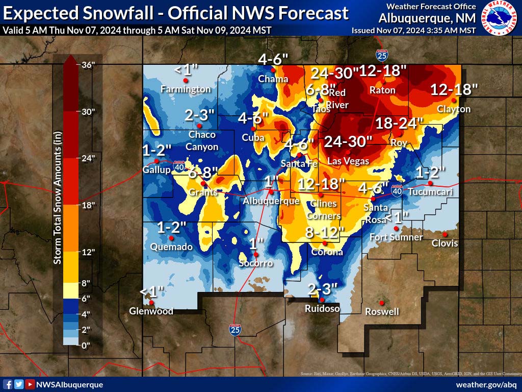 Albuquerque NWS snow forecast from 5am Thursday to 5am Saturday – Crazy snow amounts across northeast NM!