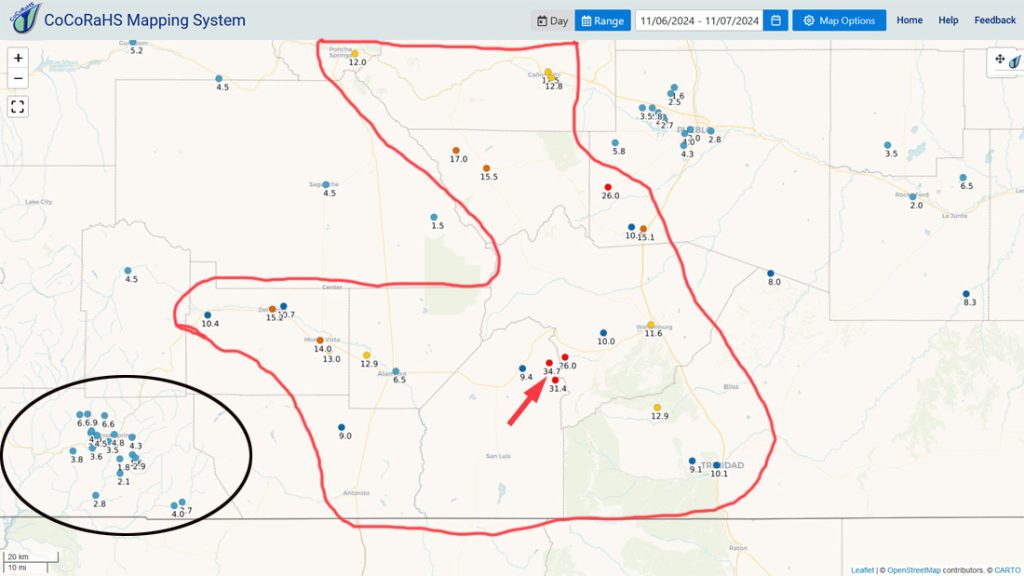 CoCoRaHS 2-day snow totals Across Archuleta County, bottom left, range from 1.8” to 6.9”. Check out the totals outlined in red. 2-3 feet of snow has fallen south of La Veta Pass.