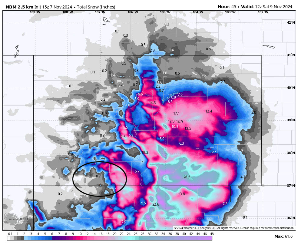 NBM snowfall to Saturday at 5am shows 0.7” near Pagosa, up to 2” close to the mountains, 4.4” for Chama, 4-8” near Wolf Creek, and 12-20” in the south San Juans.