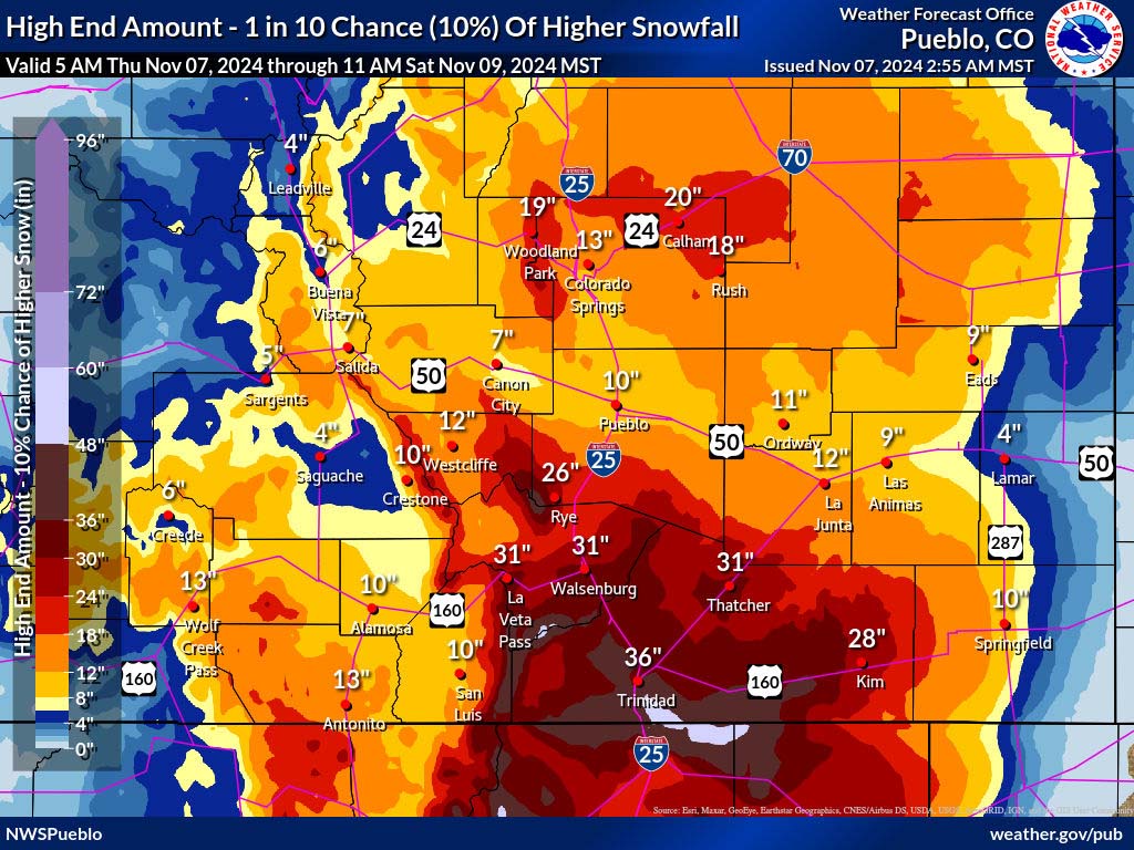 Pueblo NWS snow forecast valid Thursday at 5am to Saturday at 11am – 36” for Trinidad, around 4ft for Raton Pass, 31” for Walsenburg, 31” for La Veta Pass – crazy!