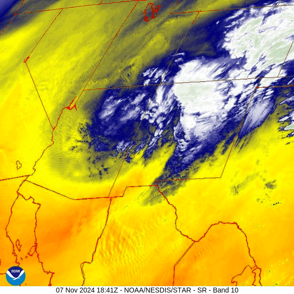 Satellite loop from 11:30am to 12:30pm Thursday – The low is over the central AZ/NM border and moving south. A band of thicker clouds has moved over Archuleta County. As the low moves through NM, flow in our area will turn from the southeast, and then east, and then northeast.  That puts us on the dry side of our mountains.  Most of the precip will fall along and east of The Divide.