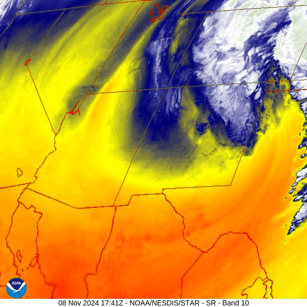 One more round of light snow and then nice for a few days… 3 Satellite loop from 10:30am to 11:30am Friday – The low is over central NM and moving slowly towards the northeast. Upper-level flow is out of the east which puts us on the wrong side of the mountains for moisture and precip.