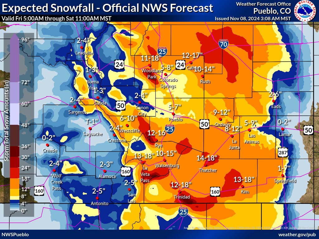 One more round of light snow and then nice for a few days… 7 Pueblo NWS snow forecast valid Thursday at 5am to Saturday at 11am