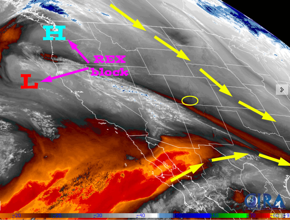 Lots of sun, dry, and pleasant temps… 1 Satellite Sunday afternoon – The Rex block along the coast is preventing systems from moving through the western US.